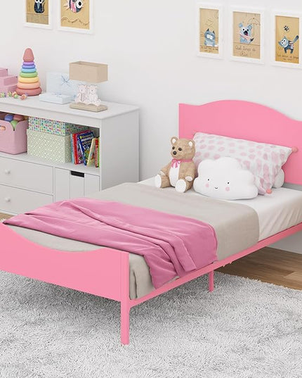 Timy Pink Kids Twin Bed Frame with Wooden Headboard and Footboard, Metal Platform Bed Frame for Boys Girls Teens Adults, Modern Kids Bed Furniture, No Box Spring Needed - LeafyLoom