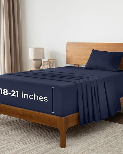 Mellanni Extra Deep Twin Sheets - 3 PC Iconic Collection Bedding Sheets & Pillowcases - Hotel Luxury, Ultra Soft, Cooling Bed Sheets - Extra Deep Pocket up to 21 inch (Twin, Navy Blue) - LeafyLoom