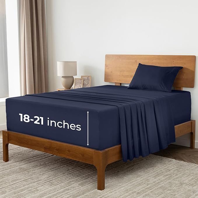 Mellanni Extra Deep Twin Sheets - 3 PC Iconic Collection Bedding Sheets & Pillowcases - Hotel Luxury, Ultra Soft, Cooling Bed Sheets - Extra Deep Pocket up to 21 inch (Twin, Navy Blue) - LeafyLoom