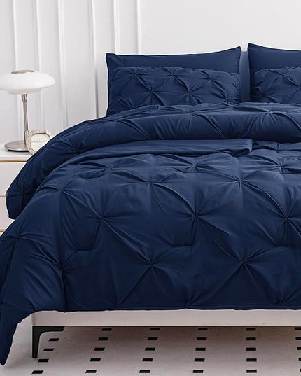 LANE LINEN California King Comforter Set, 7 Piece Cal King Bed in a Bag, Pintuck Cal King Bedding Set, Soft Cali King Bed Set, Cal King Bed Comforter Sets with Sheets, Pillowcases & Shams - Navy Blue - LeafyLoom