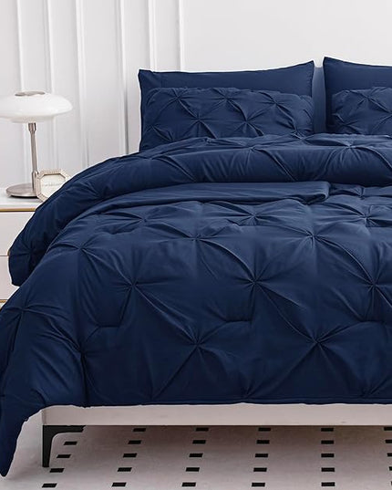 LANE LINEN Twin Comforter Set, 5 Piece Twin Bedding Sets for Boys, Pintuck Twin Size Bed Set, Pinch Pleated Twin Bed in a Bag Set, Twin Bed Comforter Set with Sheets, Pillowcase & Sham - Navy Blue - LeafyLoom