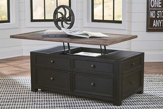 Signature Design by Ashley Tyler Creek Rustic Farmhouse Lift Top Coffee Table with Drawers, Brown & Black - LeafyLoom