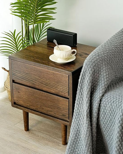 Night Stand, Mid Century Modern Nightstand w/2 Drawers, Boho Nightstand, Small Nightstand, Oak Bedroom Nightstand, Solid Wood Bedside Table, 17.72 W x 15.75 D x 19.69 H Inches(Walnut) - LeafyLoom