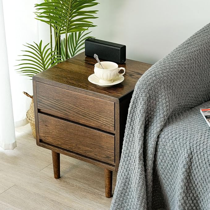 Night Stand, Mid Century Modern Nightstand w/2 Drawers, Boho Nightstand, Small Nightstand, Oak Bedroom Nightstand, Solid Wood Bedside Table, 17.72 W x 15.75 D x 19.69 H Inches(Walnut) - LeafyLoom