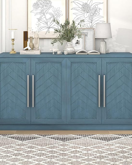 Wooden Sideboard with 4 Doors Large Storage Space,Buffet Cabinet,W/Adjustable Shelves and Silver Handles,Wear-Resistant Performance,for Kitchen,Dining Room,Hallway,Antique Blue, 60" - LeafyLoom