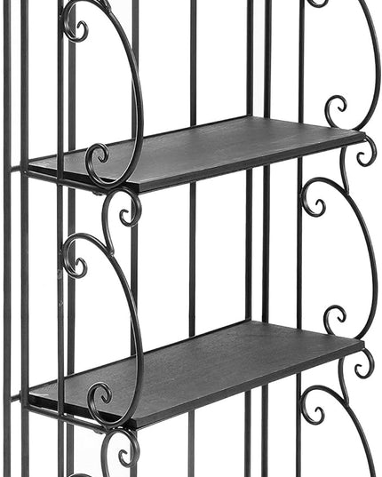 MyGift Black Metal Freestanding Shelf Rack, Decorative Bakers Rack Bookshelf Storage Shelf Unit with Metal Scrollwork Frame, Indoor Plant Pot Display Stand with 4 Wood Shelves - LeafyLoom