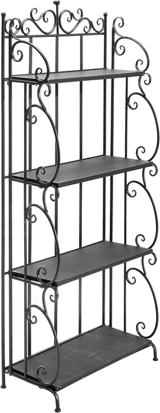 MyGift Black Metal Freestanding Shelf Rack, Decorative Bakers Rack Bookshelf Storage Shelf Unit with Metal Scrollwork Frame, Indoor Plant Pot Display Stand with 4 Wood Shelves - LeafyLoom
