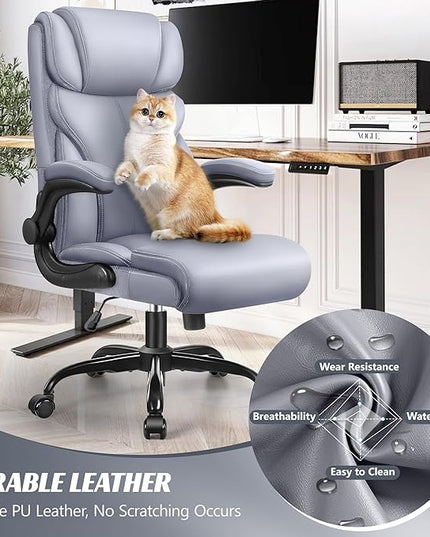 Office Chair, Ergonomic Big and Tall Computer Desk Chairs, Executive Breathable Leather Chair with Adjustable High Back Flip-up Armrests, Lumbar Support Swivel PC Chair with Rocking Function - LeafyLoom