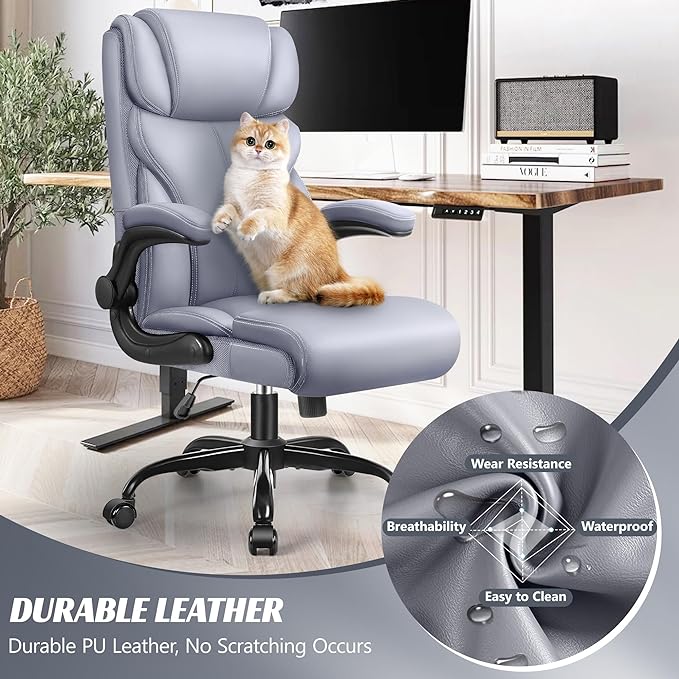 Office Chair, Ergonomic Big and Tall Computer Desk Chairs, Executive Breathable Leather Chair with Adjustable High Back Flip-up Armrests, Lumbar Support Swivel PC Chair with Rocking Function - LeafyLoom