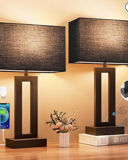 Nightstand Table Lamps for Bedrooms Set of 2 - Touch Bedside Lamp with USB C+A, 3 Way Dimmable Living Room Lamps for End Tables Set of 2, Modern Night Stand Lamps for Bed Side Guest Room(Black) - LeafyLoom