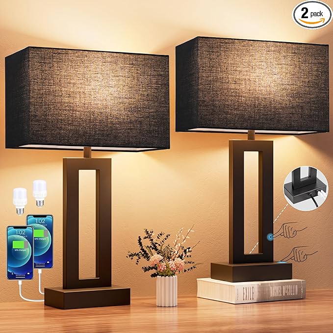 Nightstand Table Lamps for Bedrooms Set of 2 - Touch Bedside Lamp with USB C+A, 3 Way Dimmable Living Room Lamps for End Tables Set of 2, Modern Night Stand Lamps for Bed Side Guest Room(Black) - LeafyLoom