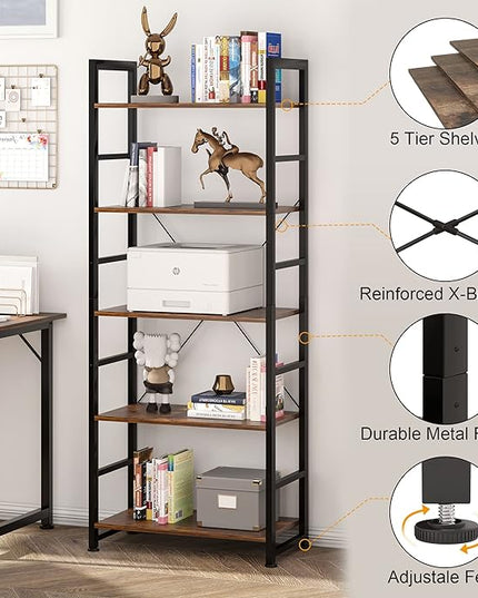 VERMESS 5 Tier Bookshelf, Tall Book Shelf, Vintage Industrial Bookcase Shelf with Open Display Shelves, Wood Storage Shelving Unit Metal Frame Standing Bookshelves for Bedroom/Home/Office, Rustic - LeafyLoom