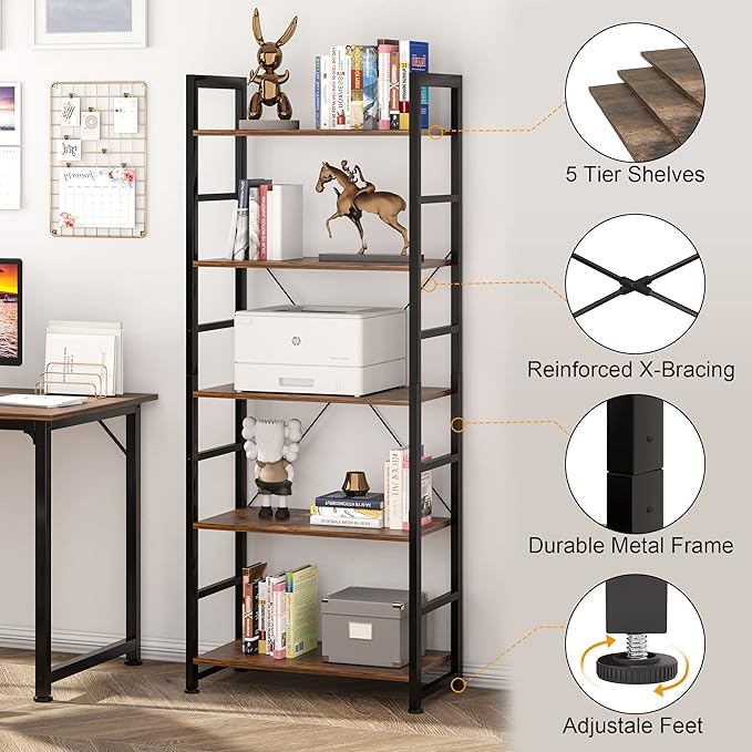 VERMESS 5 Tier Bookshelf, Tall Book Shelf, Vintage Industrial Bookcase Shelf with Open Display Shelves, Wood Storage Shelving Unit Metal Frame Standing Bookshelves for Bedroom/Home/Office, Rustic - LeafyLoom