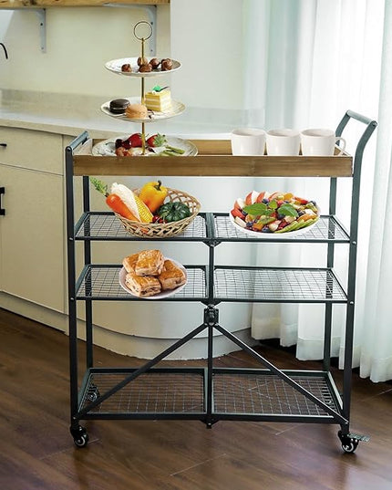 Vipush Kitchen Serving Cart, 4-Tier Kitchen Utility Cart on Wheels with Storage for Living Room, Wood Look Accent Furniture with Metal - LeafyLoom