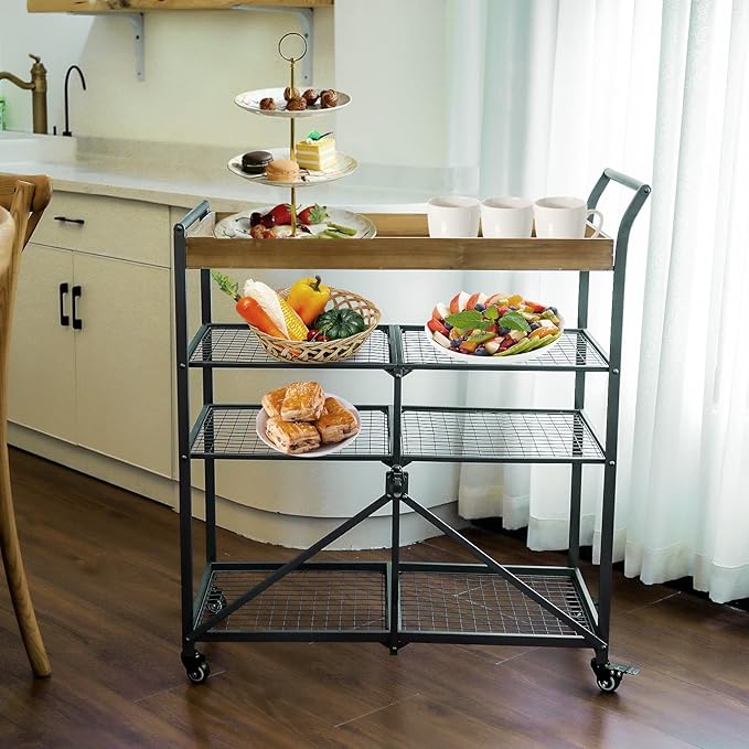 Vipush Kitchen Serving Cart, 4-Tier Kitchen Utility Cart on Wheels with Storage for Living Room, Wood Look Accent Furniture with Metal - LeafyLoom