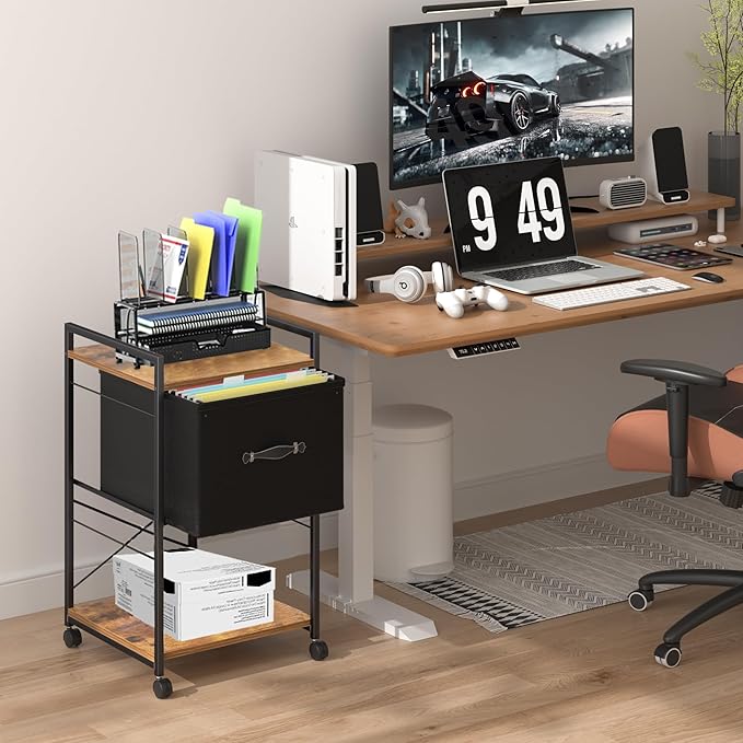 VECELO Vertical Filing Cabinet Set of 2, Rolling Printer Shelf with Handle, Suitable for Letter Size, Sturdy Steel Frame and Folding Fabric Drawer for Living Room/Bedroom/Hallway, Brown+Black - LeafyLoom