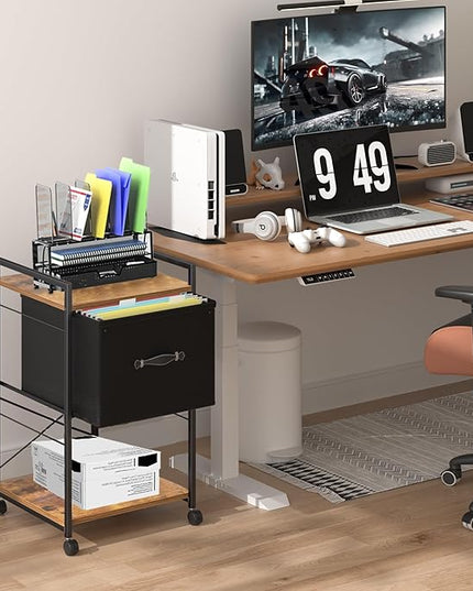 VECELO Vertical Filing Cabinet Set of 2, Rolling Printer Shelf with Handle, Suitable for Letter Size, Sturdy Steel Frame and Folding Fabric Drawer for Living Room/Bedroom/Hallway, Brown+Black - LeafyLoom