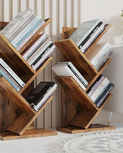YMYNY 4 Tier Tree Bookshelf, Small Bookcase, Modern Wood Book Storage Rack, Freestanding Book shelf for Books/Movies/CDs, Narrow Display Rack for Living Room, Home Office, Rustic Brown UHBC014H - LeafyLoom