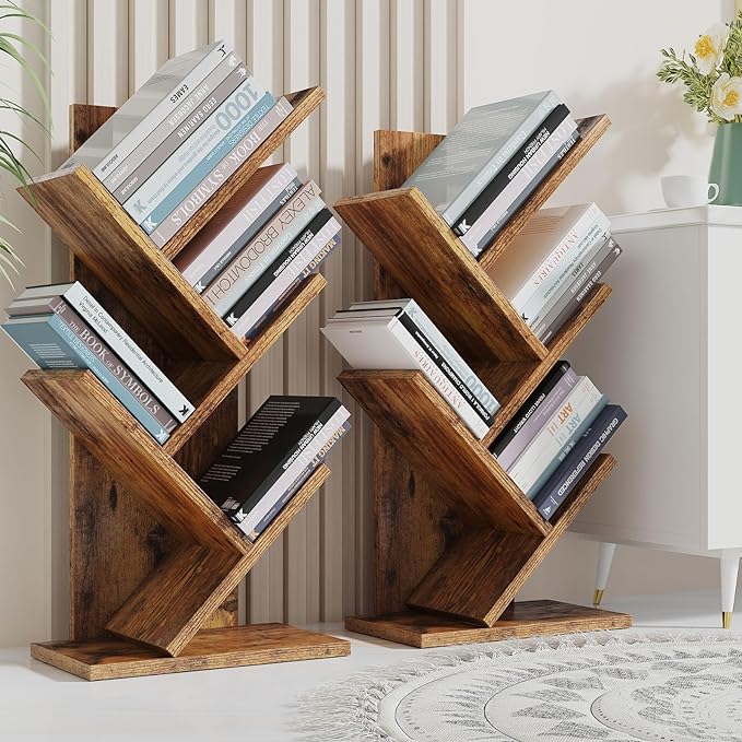 YMYNY 4 Tier Tree Bookshelf, Small Bookcase, Modern Wood Book Storage Rack, Freestanding Book shelf for Books/Movies/CDs, Narrow Display Rack for Living Room, Home Office, Rustic Brown UHBC014H - LeafyLoom