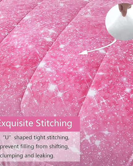 Pink Glitter Comforter Twin Size for Girls, Sparkle Galaxy Twinkle Starlight Comforter for Kids Teen,2 Piece Pink Ombre Pastel Bedding Set with 1 Pillow Case(Pink) - LeafyLoom