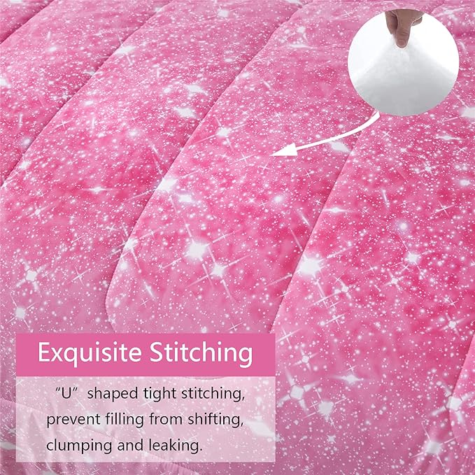 Pink Glitter Comforter Twin Size for Girls, Sparkle Galaxy Twinkle Starlight Comforter for Kids Teen,2 Piece Pink Ombre Pastel Bedding Set with 1 Pillow Case(Pink) - LeafyLoom