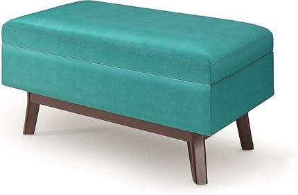 SIMPLIHOME Owen 36 inch Wide Rectangle Small Rectangular Storage Ottoman in Aqua Blue Velvet Fabric, for the Living Room, Family Room and Entryway - LeafyLoom