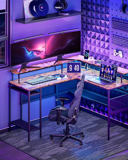 L Shaped Gaming Desk with Power Outlets & LED Lights, Computer Desk with Monitor Stand & Storage Shelves, Home Office L Shaped Desk Corner Gaming Desk, Brown - LeafyLoom