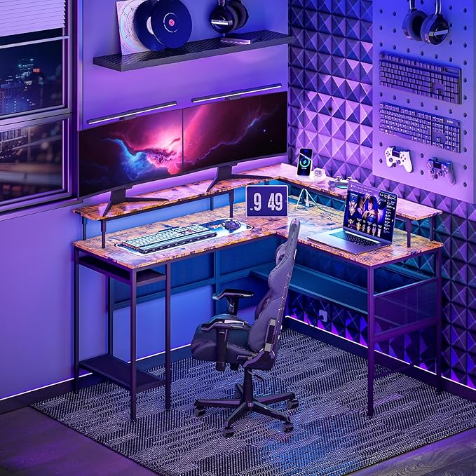 L Shaped Gaming Desk with Power Outlets & LED Lights, Computer Desk with Monitor Stand & Storage Shelves, Home Office L Shaped Desk Corner Gaming Desk, Brown - LeafyLoom