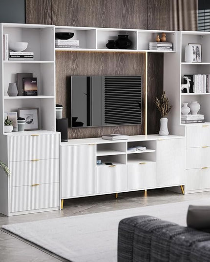 Merax 4-Piece Entertainment Wall Unit with 13 Shelves, 8 Drawers, and 2 Cabinets, Multifunctional TV Stand Media Storage Cabinet with Fluted Line Surface for Living Room, White - LeafyLoom