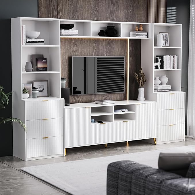 Merax 4-Piece Entertainment Wall Unit with 13 Shelves, 8 Drawers, and 2 Cabinets, Multifunctional TV Stand Media Storage Cabinet with Fluted Line Surface for Living Room, White - LeafyLoom