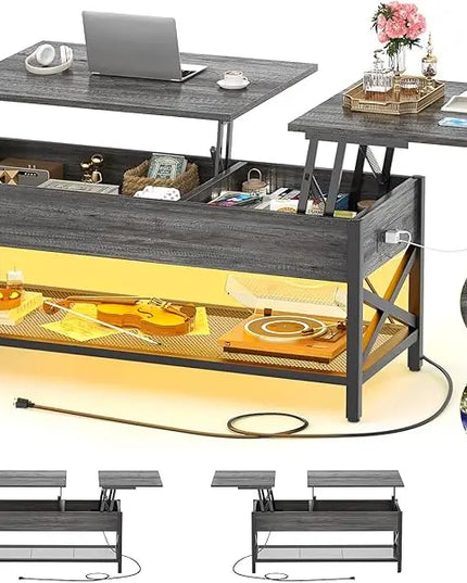 Aheaplus Coffee Table, Lift Top Coffee Table with LED light and Power Outlet, Modern Lift-Top Table with Storage Shelf, Center Table for Living Room, Lift Tabletop, X Support, Metal Frame, Black Oak - LeafyLoom