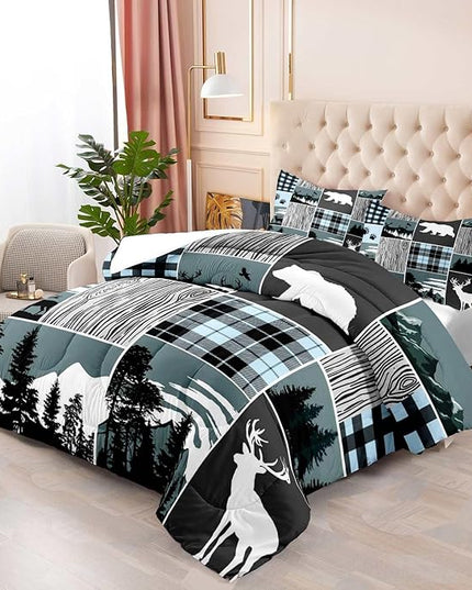 LUVIVIHOME 3PCS Bear Deer Comforter Set Queen Size, Elk Moose Woodland Forest Animal Wildlife Hunting Country Lodge Rustic Farmhouse Cabin Bedding, Black & Blue Plaid Patchwork Quilt, 2 Pillow Cases - LeafyLoom