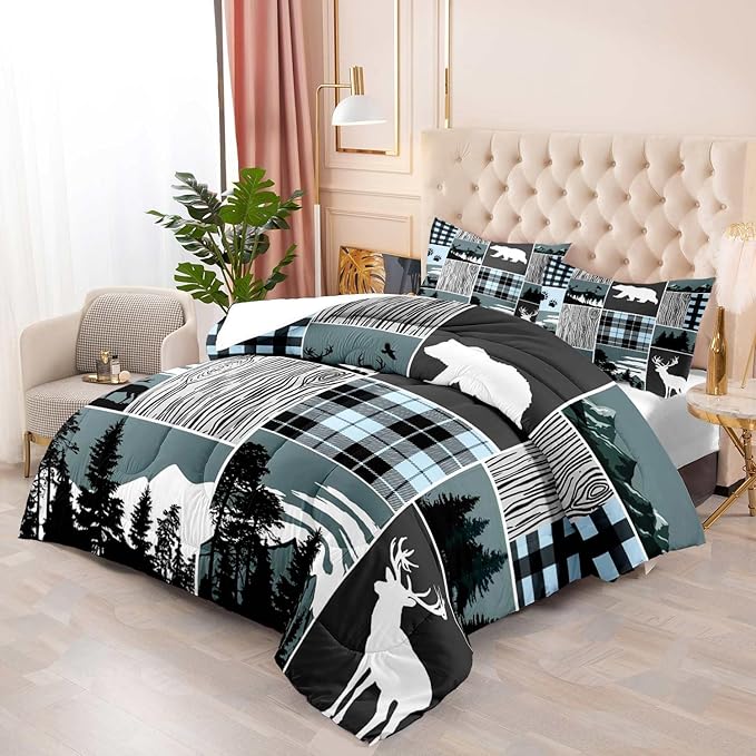 LUVIVIHOME 3PCS Bear Deer Comforter Set Queen Size, Elk Moose Woodland Forest Animal Wildlife Hunting Country Lodge Rustic Farmhouse Cabin Bedding, Black & Blue Plaid Patchwork Quilt, 2 Pillow Cases - LeafyLoom