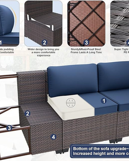 Patio Furniture Set 9-Pieces Outdoor Furniture for Backyard Wicker Sectional Sofa Set, Rattan Patio Conversation Set with Thickened Cushions and Glass Coffee Table, Navy Blue - LeafyLoom