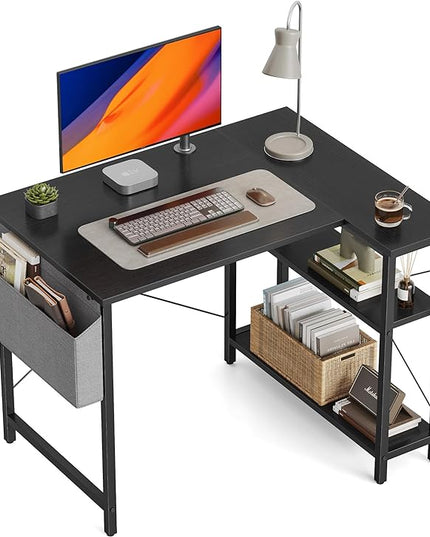 CubiCubi 40 Inch Small L Shaped Computer Desk with Storage Shelves Home Office Corner Desk Study Writing Table, Black - LeafyLoom
