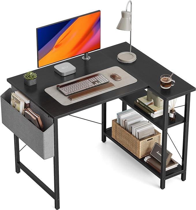 CubiCubi 40 Inch Small L Shaped Computer Desk with Storage Shelves Home Office Corner Desk Study Writing Table, Black - LeafyLoom