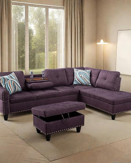 L Shaped Sofa with Ottoman Modern Sectional Living Room, Bedroom, Office, L Couch Purple - LeafyLoom