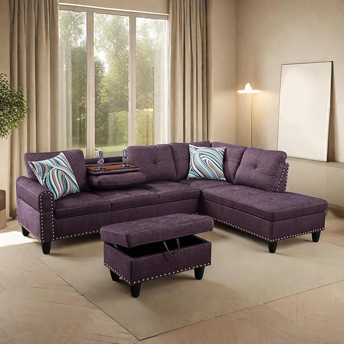 L Shaped Sofa with Ottoman Modern Sectional Living Room, Bedroom, Office, L Couch Purple - LeafyLoom