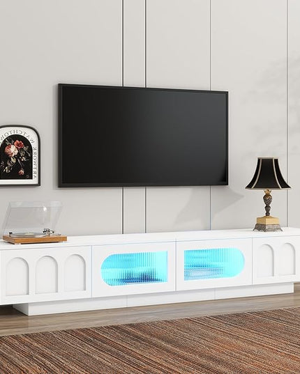 Merax TV Stand for Televisions Up to 95'', Functional Media Console with APP-Controlled Smart LED Light, Arched Cabinet Doors and Fluted Glass Doors, Entertainment Center, for Living Room, White - LeafyLoom