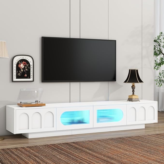 Merax TV Stand for Televisions Up to 95'', Functional Media Console with APP-Controlled Smart LED Light, Arched Cabinet Doors and Fluted Glass Doors, Entertainment Center, for Living Room, White - LeafyLoom