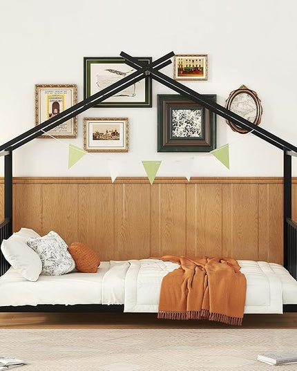Twin Size Kids Montessori Floor Bed,House Bed Frame with High Headboard,Twin Floor Bed with Roof for Boys Girls,Floor Bed Metal Frame (Black) - LeafyLoom