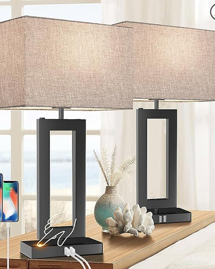 22" Large Lamps for Bedroom Set of 2 Touch Control Table Lamp for Living Room, 3-Way Dimmable Modern Lamps w/ 2 USB Ports, Bedside Nightstand Touch Lamps Gray &Black, End Table Desk Reading Lamp - LeafyLoom