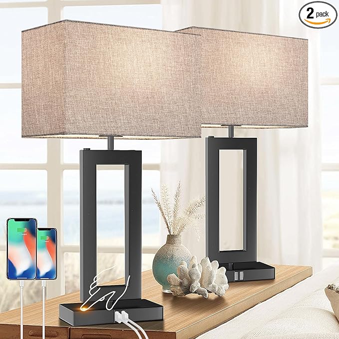22" Large Lamps for Bedroom Set of 2 Touch Control Table Lamp for Living Room, 3-Way Dimmable Modern Lamps w/ 2 USB Ports, Bedside Nightstand Touch Lamps Gray &Black, End Table Desk Reading Lamp - LeafyLoom