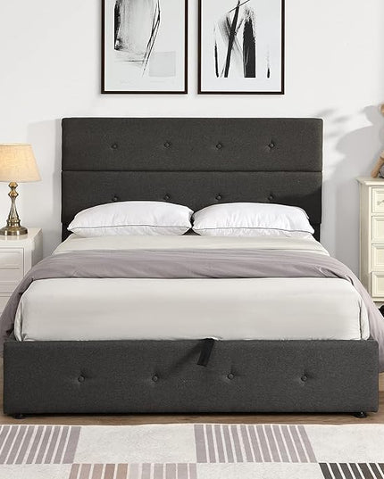 Upholstered Full Size Bed Gas Lift Up Storage Platform Bed Frame with Tufted Headboard Wooden Slat Support & Under Bed Storage, No Box Spring Needed - LeafyLoom