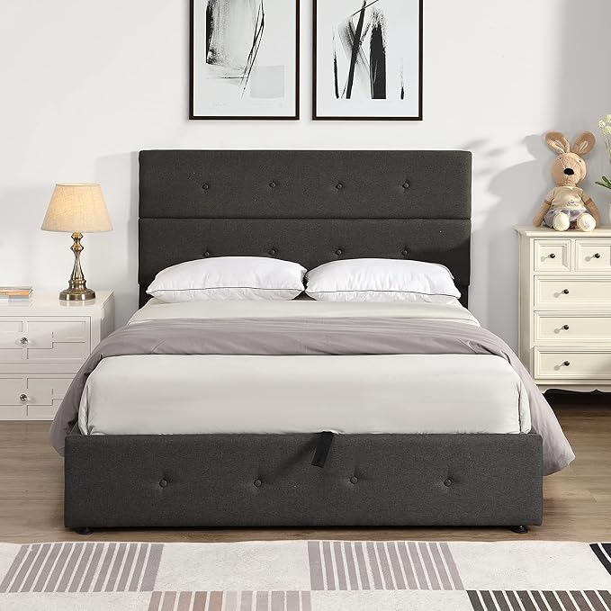 Full Size Upholstered Platform Bed with Underneath Storage, Modern Linen Platform Bedframe with Headboard and Wooden Slat Support,for Kids Adults Living Room Guest Room,Bedroom - LeafyLoom