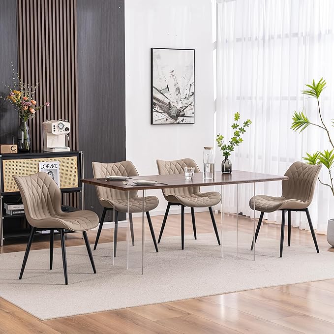 YOUNIKE Dining Chairs Set of 2, Upholstered Leather Kitchen Dining Room Chairs, Modern Living Room Bedroom Side Chairs with Wide Curved Back and Metal Legs, Kitchen Chairs Khaki Taupe - LeafyLoom