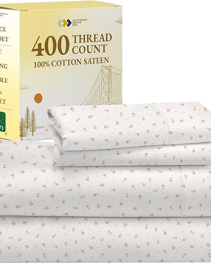 California Design Den Full Sheet Set Floral, 400 Thread Count 100% Cotton Sateen 4 Pc Full Bed Sheets, Deep Pocket Sheets & Pillowcase Set - Soft Floral - LeafyLoom