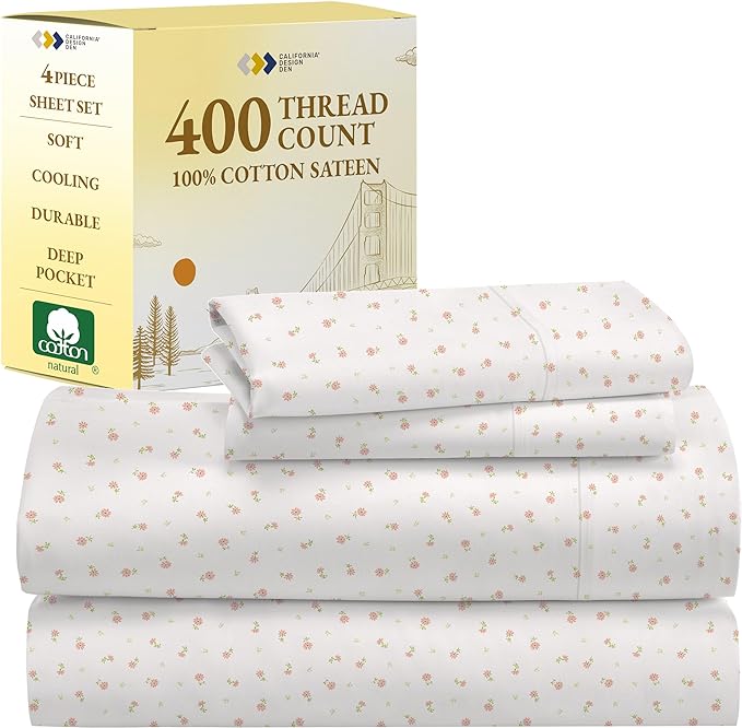 California Design Den Full Sheet Set Floral, 400 Thread Count 100% Cotton Sateen 4 Pc Full Bed Sheets, Deep Pocket Sheets & Pillowcase Set - Soft Floral - LeafyLoom