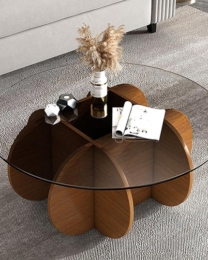 Glass Coffee Tables for Living Room Modern Elegant Round Coffee Table Mid Century Farmhouse Center Table with Solid Wood Frame and Tempered Glass Tabletop, Easy Assembly,31.5'' - LeafyLoom