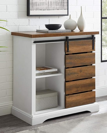 Walker Edison Willa Modern Farmhouse Sliding Single Slat Door Storage Console, 32 Inch, White and Rustic Oak - LeafyLoom